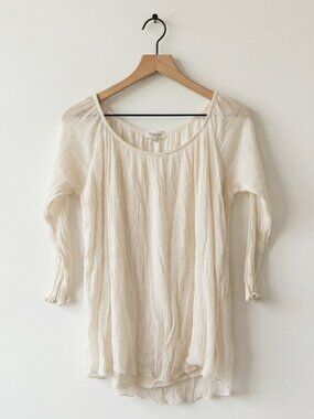 Bellambia L Italy 100% Silk Crinkle Chiffon Blouse Cream Long Sleeve Top